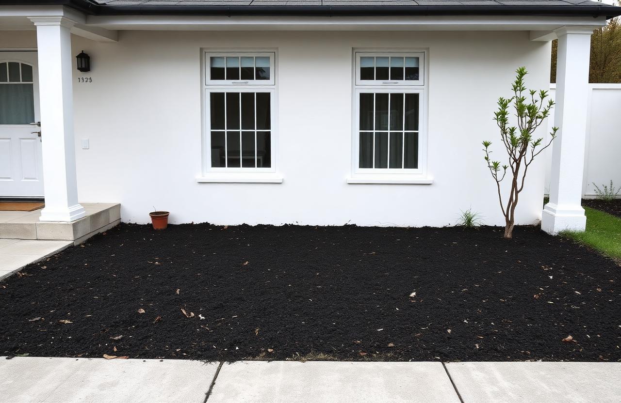 Lege plantstrook met kale donkere aarde langs een witte moderne gevel, voor de aanplant